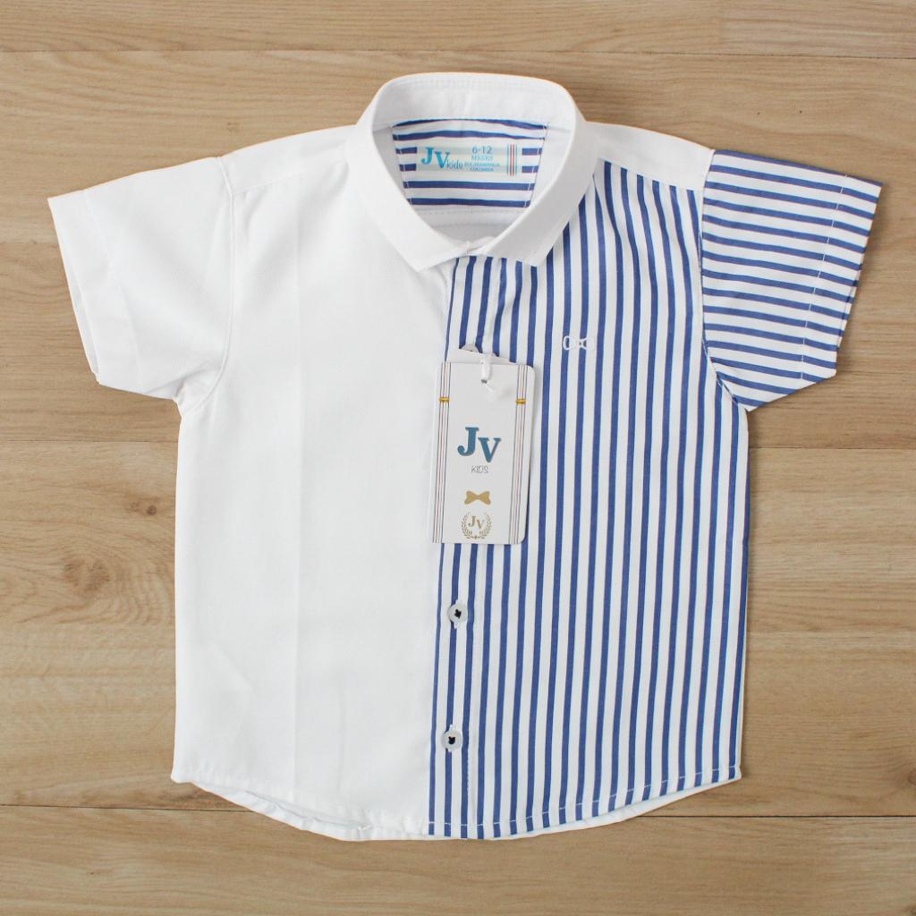 CAMISA MC BLANCA POR RAYAS AZULES 001335 - JVKIDS