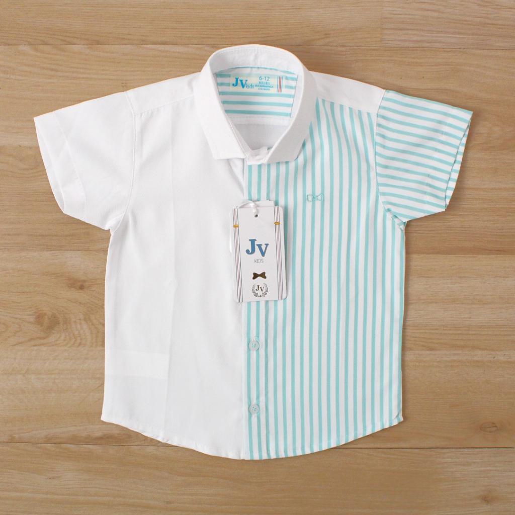 CAMISA MC BLANCA POR RAYAS VERDES 002335 - JVKIDS